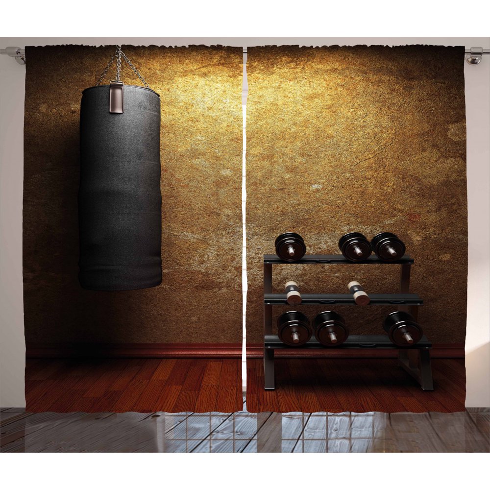 Fitness Curtains 2 Panels Set, Gym Room with Equipments Dumbbells Work ...