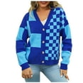 thumbnail image 2 of Lolmot Women's Plaid Color Block V-Neck Button Long Sleeve Open Front Knit Cardigan Sweater Outerwear Casual Lightweight Soft England Style Knitwear Tops, 2 of 5