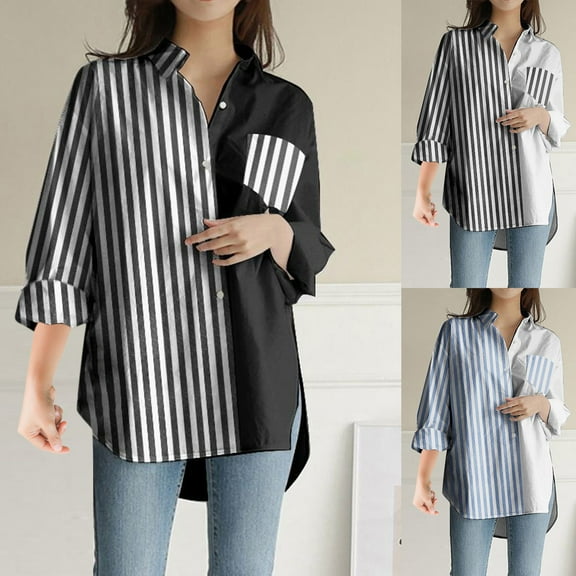 ATOYSOY Women's Long Sleeve Blouses Spring Loose Shirts with Pockets Striped Color Block Pullovers Workout Casual Trendy Sewatshirts Turn Down Collar V Neck Tops Fall Black L