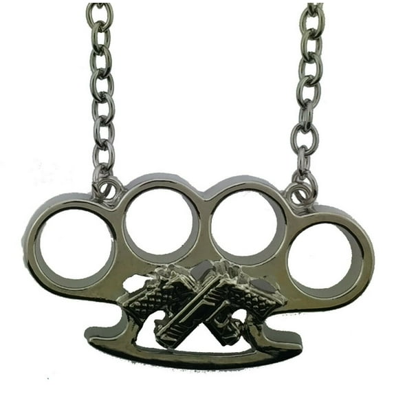 Rock Rebel crossed guns Dog Tag Silver Chrome Necklace Tattoo Pendant