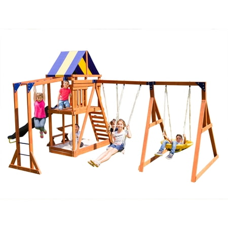 Sportspower Grand Mesa Wooden Swing Set with 8ft Slide and Saucer Swing