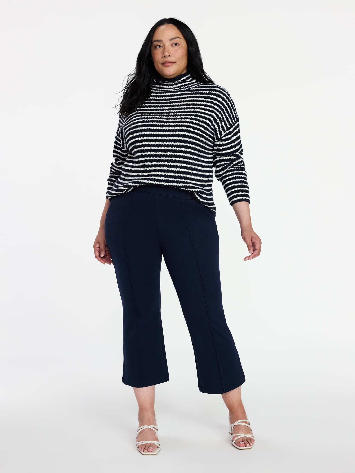 Time and Tru Women's Stripe Funnel Neck Sweater with Long Sleeves, Midweight, Sizes, XS-XXXL