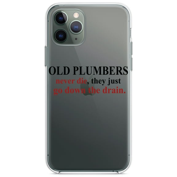 DistinctInk Clear Shockproof Hybrid Case for iPhone 11 Pro (5.8" Screen) - TPU Bumper Acrylic Back Tempered Glass Screen Protector - Old Plumbers Never Die - Down the Drain
