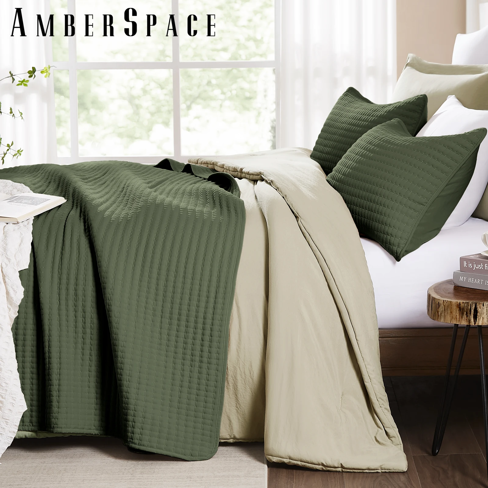 Amberspace Lightweight 2-Piece Bed in a Bag Quilt Set with Pillow Shams,Olive Green,Twin