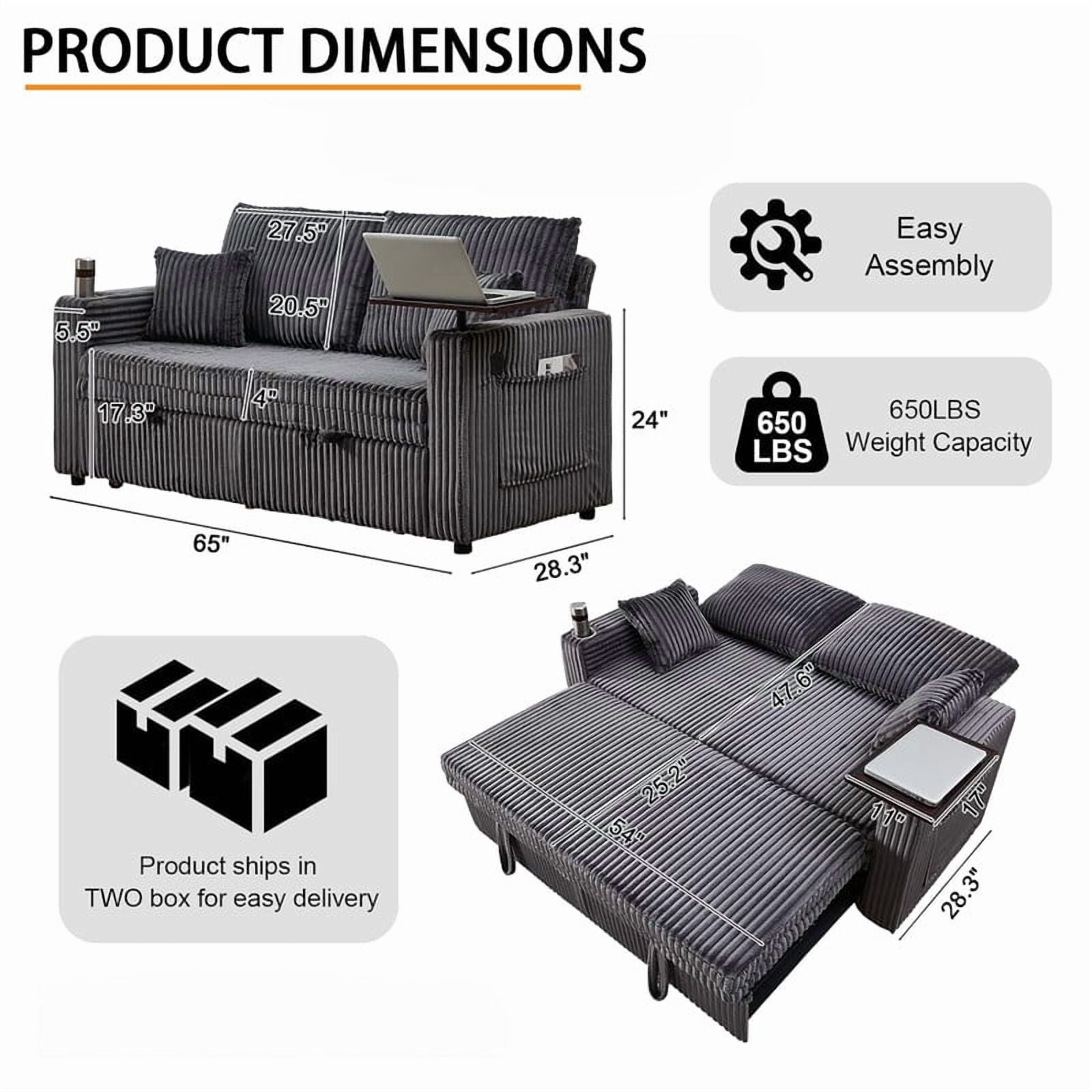 Howcool 65" 3-in-1 Convertible Sleeper Sofa Bed, Corduroy Pull Out Loveseat Futon Couch with Cup Holders & USB Charging Ports for Living Room Apartment, Dark Grey