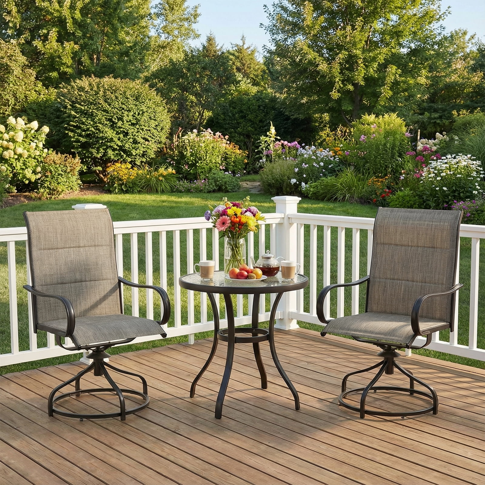 Arlopu 4pcs Patio Padded Swivel Chairs, Outdoor 360° Dining Chairs w/ High Back & Armrest for Garden Deck Backyard, All-Weather Textilene, Brown