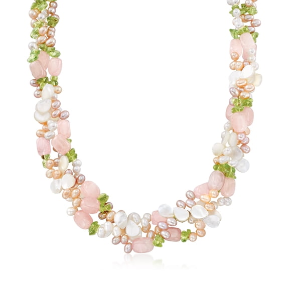 Ross-Simons 4-5mm Multicolored Cultured Pearl and Multi-Stone Torsade Necklace With Sterling Silver, Women's, Adult