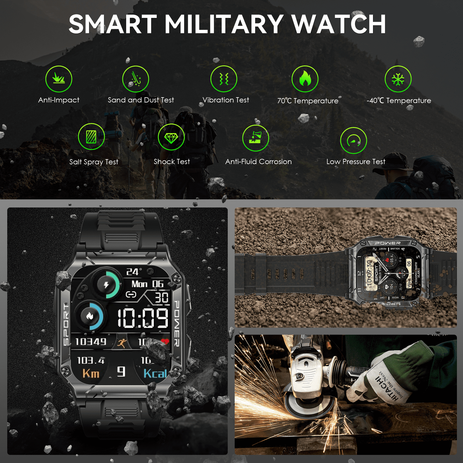 Jelloo Military Smart Watches for Men (Make/Answer Call), 1.95'' Large HD Outdoor Sport Fitness Tracker, Rugged Watch with Compass Smartwatch, for iPhone Android Samsung