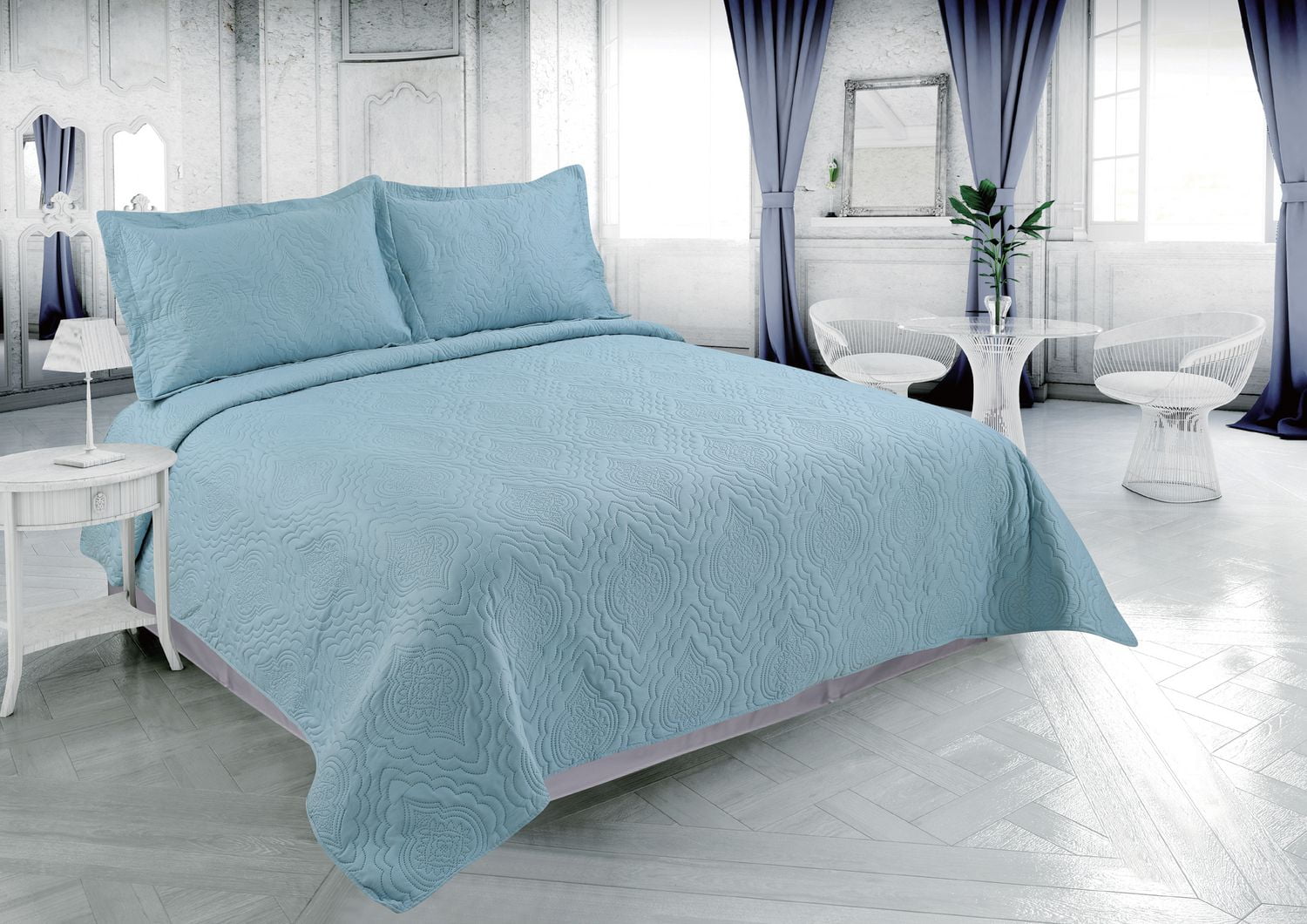 Marina Decoration Solid Embossed Pinsonic Coverlet Bedspread Bedding Ultra Soft Summer Quilt Set with Shams, Aqua Color