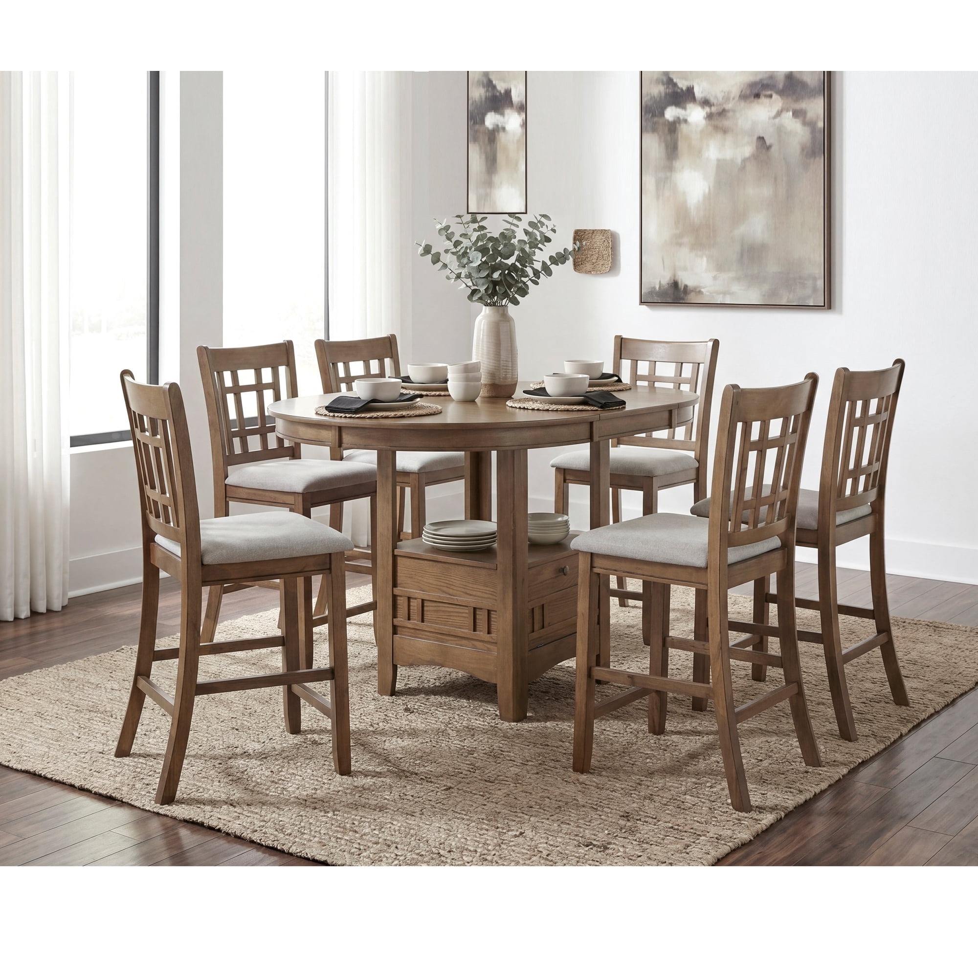 Brown Finish Counter Height Dining Set 7pc Round Oval Extendable Table and Chairs Upholstery Storage Base Dining Kitchen Furniture