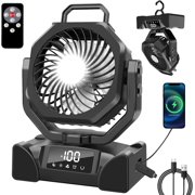 Portable Camping Fan Battery Operated Powered Fan with Remote Control & LED Lantern,20000mAh Battery Rechargeable,LED Digital Display,Oscillate,Timer,Rotation Hanging Hook for Tents Travel - Black