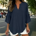 thumbnail image 5 of XPMWRP Womens Cotton Linen T Shirts Loose Fit Tunic Tops Dressy Casual 3/4 Bell Sleeve Blouses Work Tunic Shirts Navy L, 5 of 6