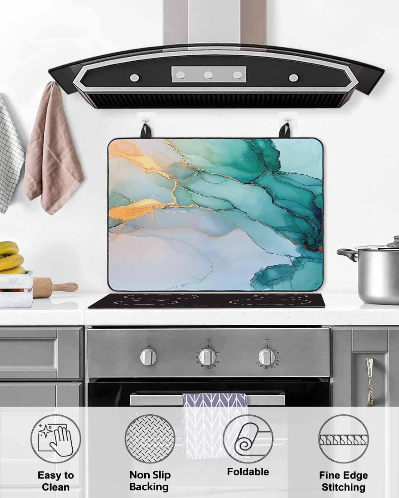 nqOlkjepod Large Induction Cooktop Protector Mat 36"x21", Turquoise Marble Stove Top Covers for Electric Stove, Modern Marble Geometric Textured Stove Burner Cover Mats, Glass Top Stove Cover