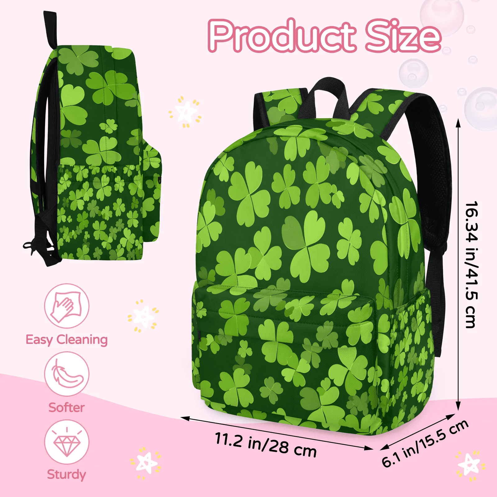 Herdesigns Green Clover Shamrock Backpack for Men Women, Lightweight Laptop Backpack 16.3 Inch St. Patrick's Day Casual Daypack for Travel Work Commuter