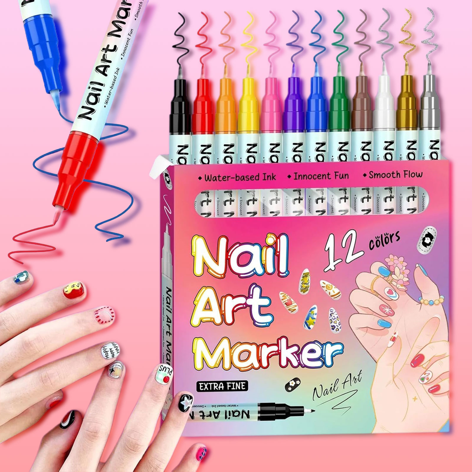 Waterproof Nail Art Pen, Waterproof Nail Art Pen, 12 Colors ail rt ens Set, ail rt Marker Drawing Painting Liner en, 0.5mm Precision Tip, Quick Dry