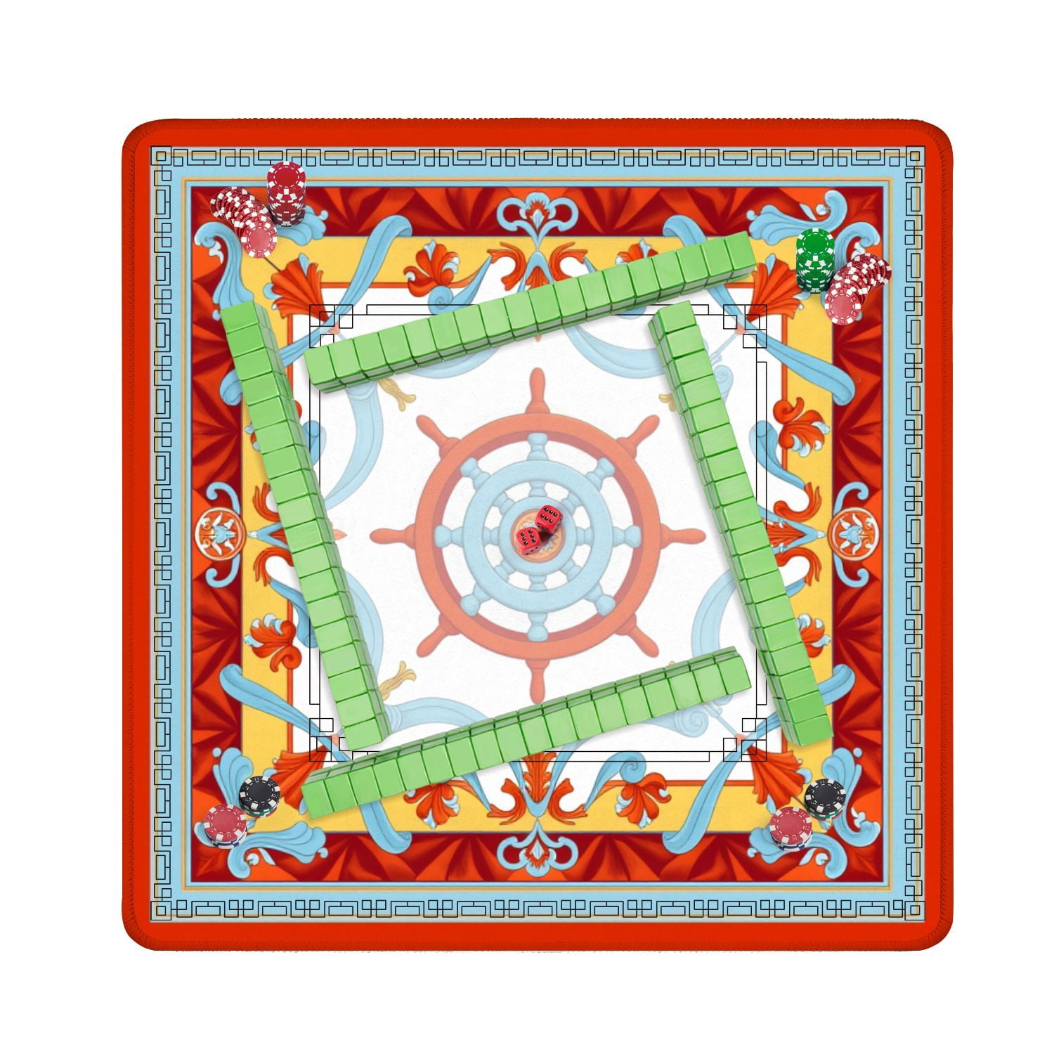 Mahjong Mat 31.5" x 31.5" Nautical Ship Wheel Red Blue Orange Ornamental Design Non-Slip Noise Reduction American Mahjong Tiles Table Cover for Dominoes Poker Card Board Games Gift