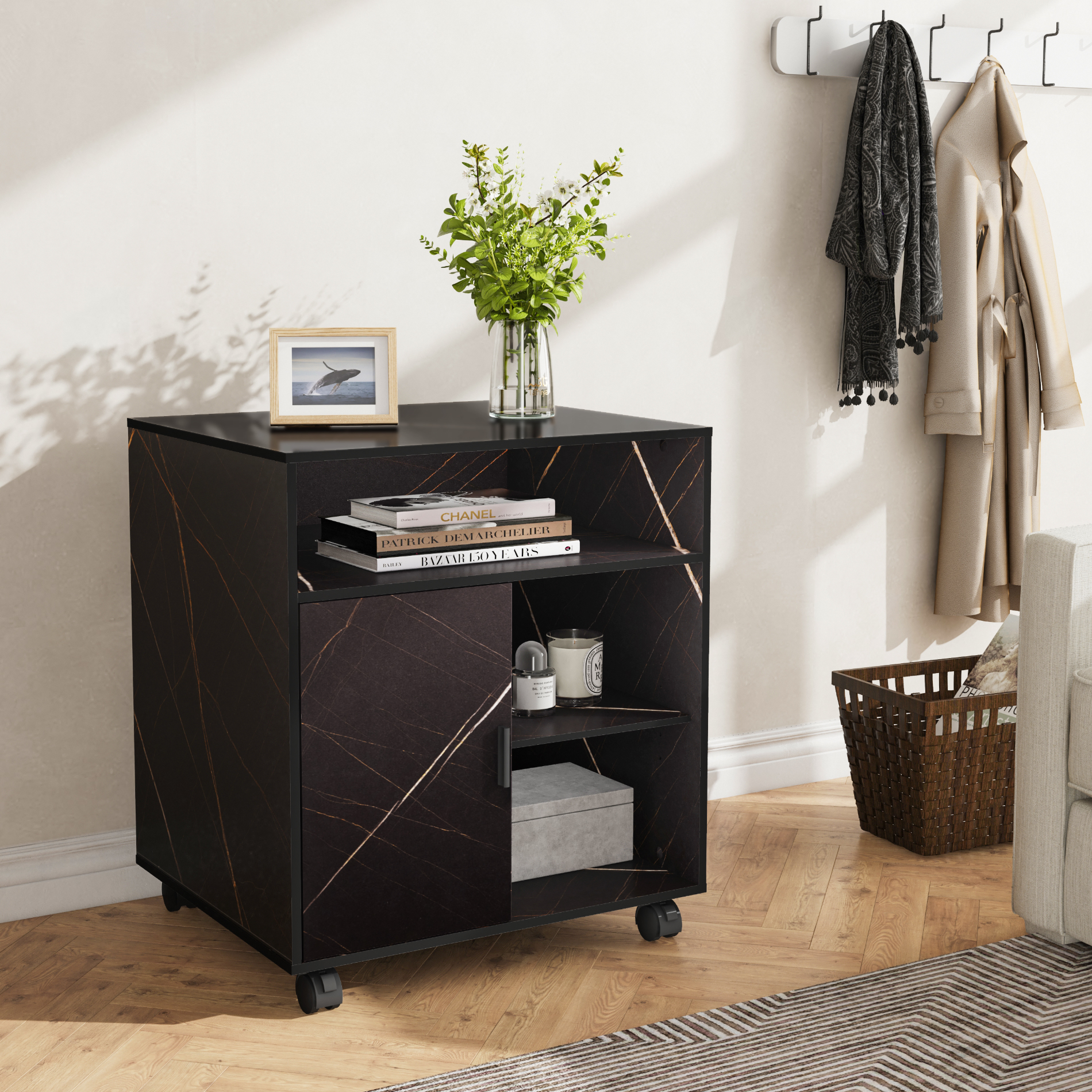 FITUEYES Large File Cabinet with Storage Adjustable Shelves, Wood Mobile Cart with Door, Rolling Printer Stand on Wheels for Home Office, Stone Black