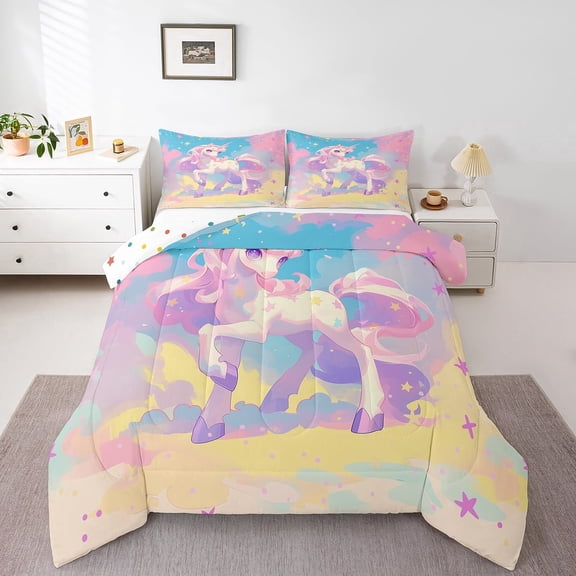 Unicorn Bedding Queen Pink Rainbow Unicorn Comforter Set Birthday Gifts for Women Dreamy Horse Quilted Comforter Set Kawaii Room Decor for Teen Cute Reveisible Stars Duvet Set