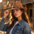 thumbnail image 3 of Qwertyu Wide Brim Western Cowboy Cowgirl Hat with Wind Lanyard Felt Fedora Hat for Men Women Khaki, 3 of 6