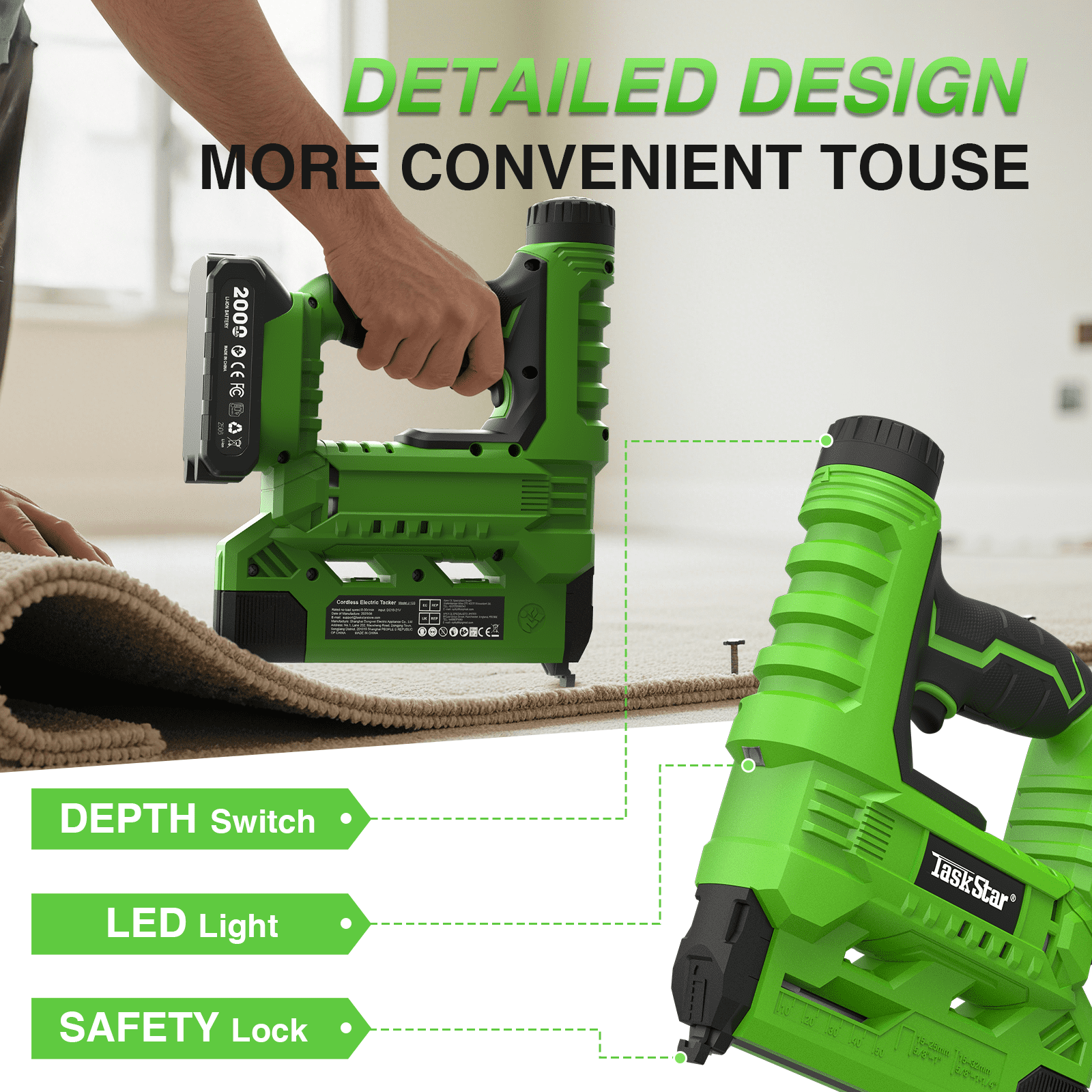 TaskStar Electric Cordless Nail Staple Gun , 18 Gauge Brad Nails Battery Framing Nailer, 2 Pieces Battery & Charger, 500 x Brad Nails,500x Staples
