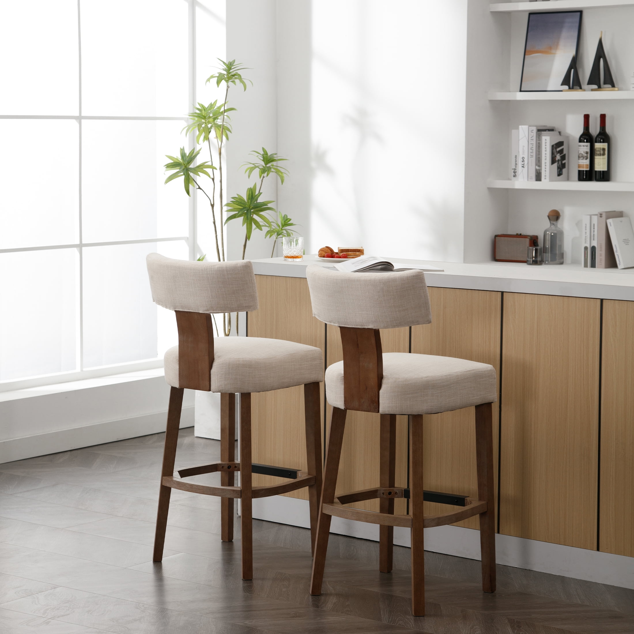 Guyou 30" Bar Stool Set of 4, Modern Linen Upholstered Counter Height Barstools with Hardwood Frame, Wooden Farmhouse Kitchen Island Chairs for Bar Restaurant, Beige
