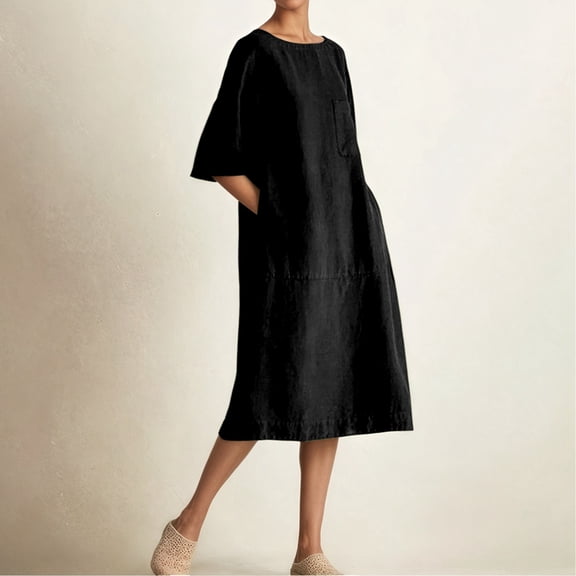 BUWTTER Spring Dresses for Women 2026 Casual Loose Fit Midi Short Sleeve Linen Blend Summer Boho Versatile Tunic Everyday Wear Black Dress L