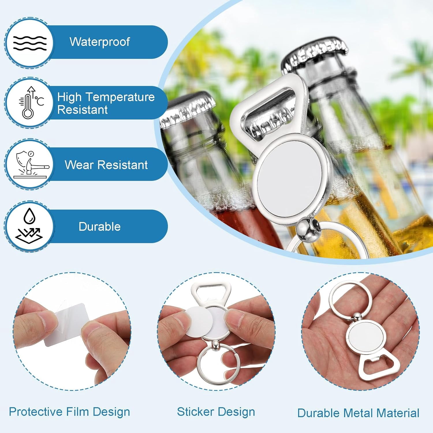 MKEUDQ-Sublimation Blanks Keychains, 6 Pcs Metal Circular Bottle Opener Blank Key Rings Heat Transfer Keychains for DIY Crafts Photo Nameplate Friends Families, Silver Tone, Style 1