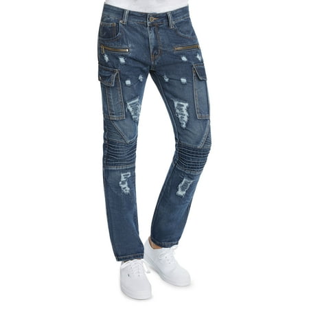 - Mens Slim FIt Distressed Moto Zipper Cargo Jeans by Trillnation