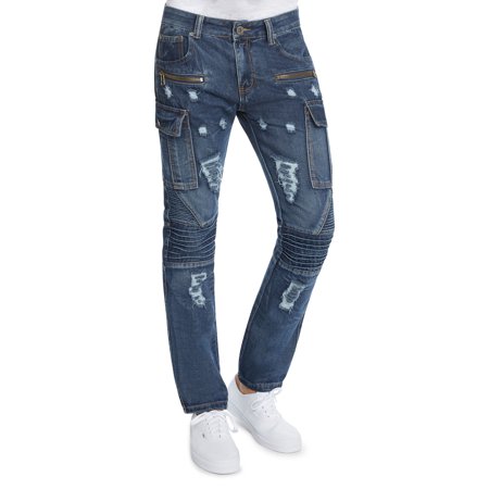 Mens Slim FIt Distressed Moto Zipper Cargo Jeans by