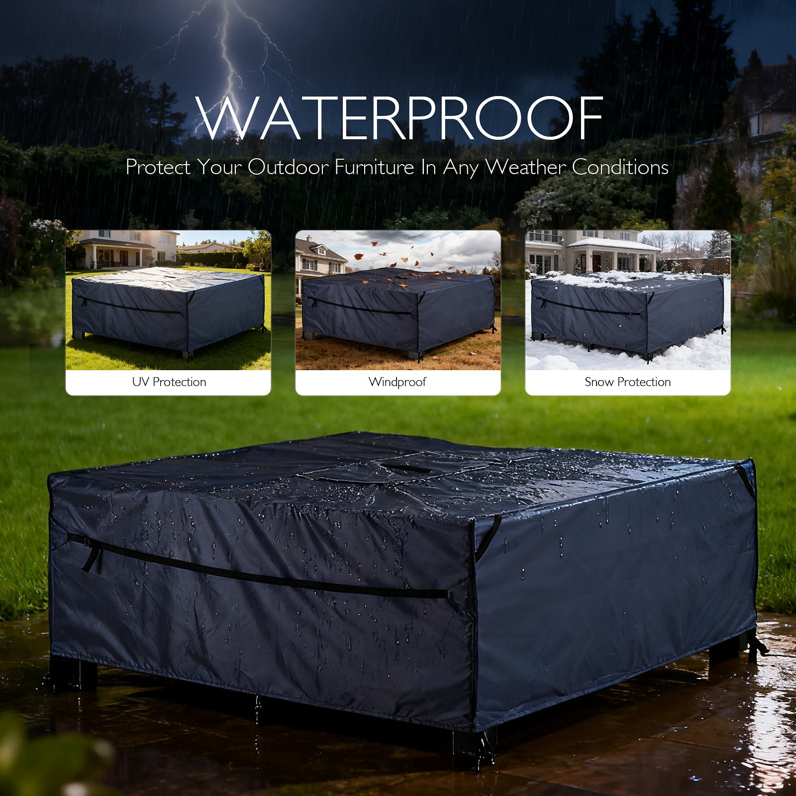 Patio Furniture Covers Waterproof - 420D Outdoor Table and Chair Set Cover with Built-in Storage Bag - Rectangular Patio Table Cover for 4-Seat Dining Set or Sectional Sofa (DarkGrey, 72''x72''x28'')