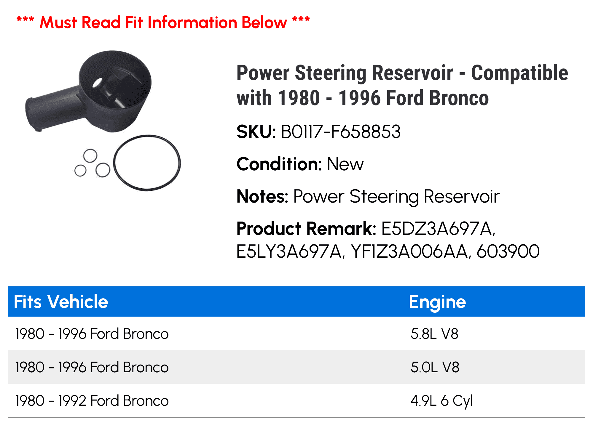 Power Steering Reservoir - Compatible with 1980 - 1996 Ford Bronco 1981 1982 1983 1984 1985 1986 1987 1988 1989 1990 1991 1992 1993 1994 1995