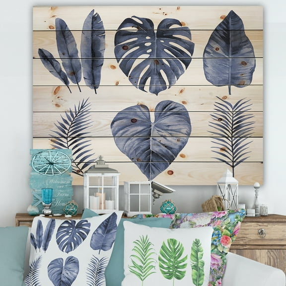 Designart 'Blue Watercolour Tropical Leaves I' Farmhouse Print on Natural Pine Wood