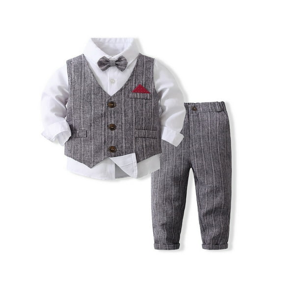 GXFC Little Boy Formal Gentleman Suits 9M 1T 2T 3T 4T 5T Kids Boy Long Sleeve Shirt with Bowtie Suspender Pants Dressy Outfit,Spring Fall