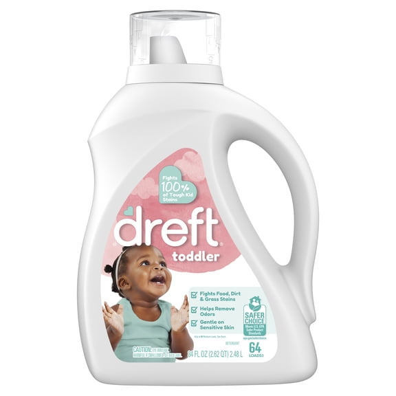 Dreft Liquid Laundry Detergent for Toddlers, Tackles 100% of Common Toddler Stains, Unscented, 84 fl oz, 64 Loads