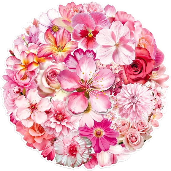 CCOCC 50Pcs Pink Flower Stickers,Waterproof Transparent Pet Floral Decals for Scrapbooking,Water,Laptops,Skateboard,Phone,Envelopes,Pink Rose Orchid Stickers for Adults and Kids