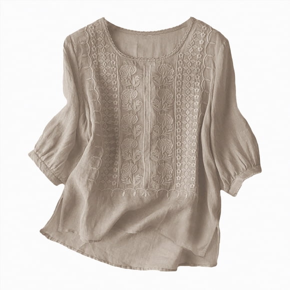 WUANDIXFA Long Sleeve Tops for Woman Linen Shirts for Women Retro Embroidery Summer Loose 3/4 Sleeve Tshirts Tunic Tops Casual Blouses Boho Clothes Coffee,2XL