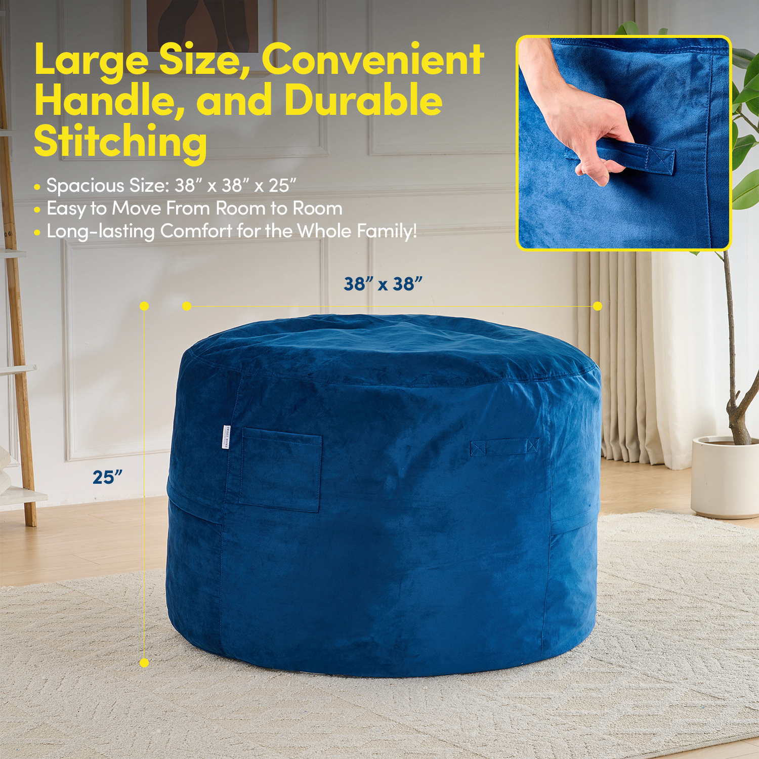 3FT Bean Bag Chair, Adults Foam Round Big Sofa Bean Bag for All Ages, Removable Velvet Cover, Navy Blue