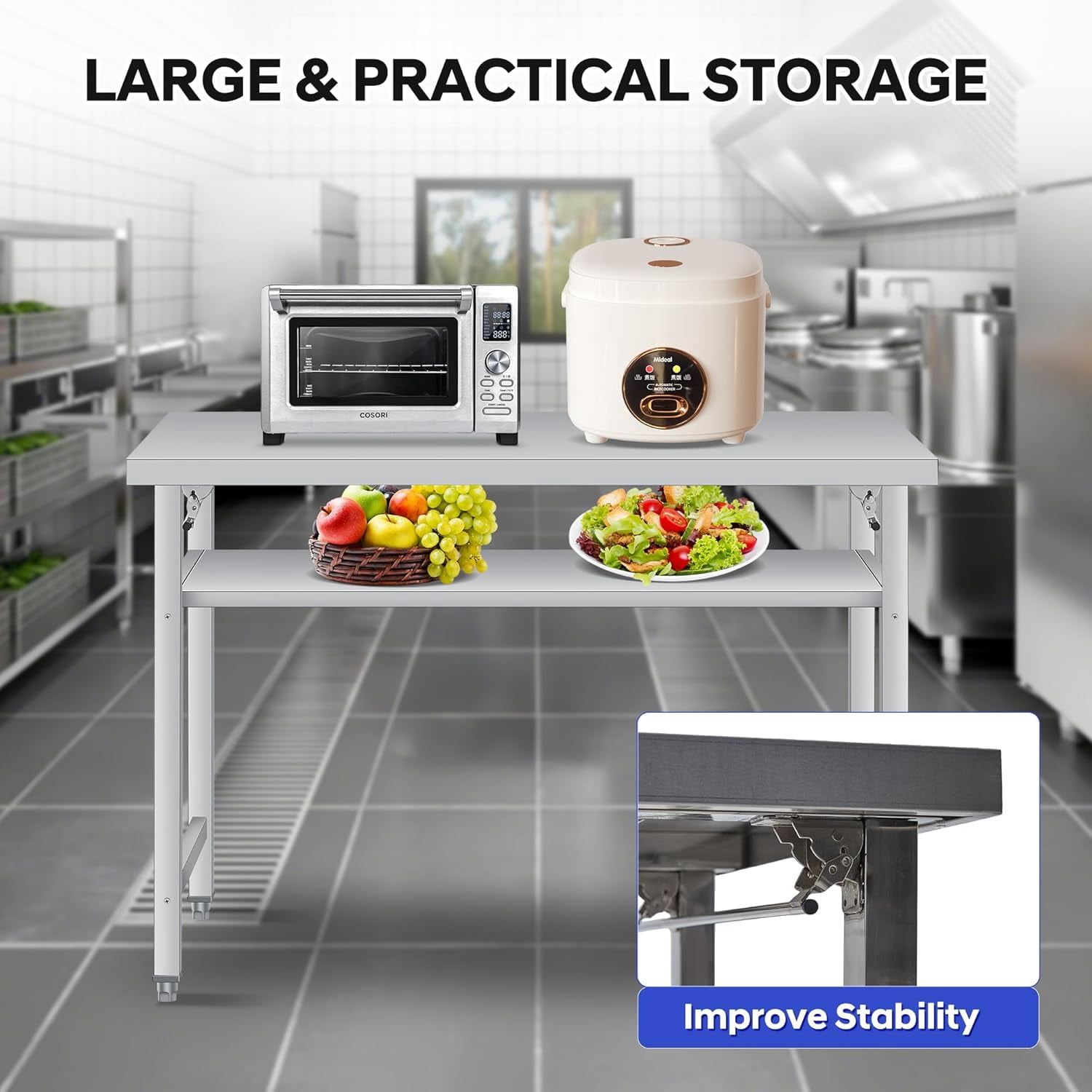 Stainless Steel Folding Table (48x24 in) - Commercial Work Table with Undershelf for Home, Kitchen, Restaurant, Garage, Camping, Outdoor, 920 LBS Load, Foldable Double-Tier Stainless Steel