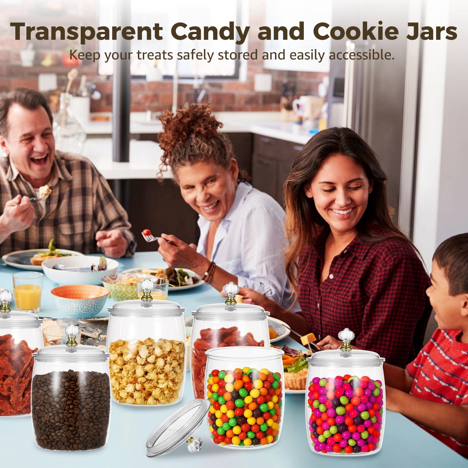 6 Pcs Candy and Cookie Jars, 74 oz Transparent Plastic Jars with Lids, Decorative Storage Containers with Scoops, Labels, and Markers, Airtight Food Canisters for Candy Buffets, Kitchens