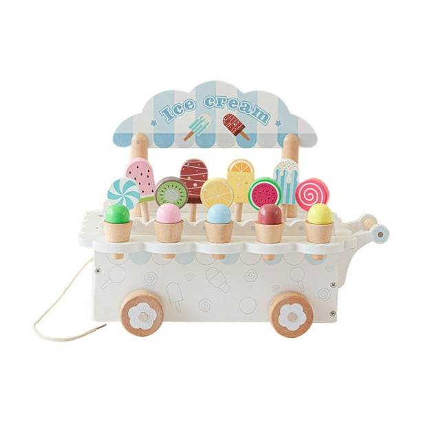 Carrito de helados de madera, juguete de simulación, heladería, juguetes de cocina, preescolar blanco