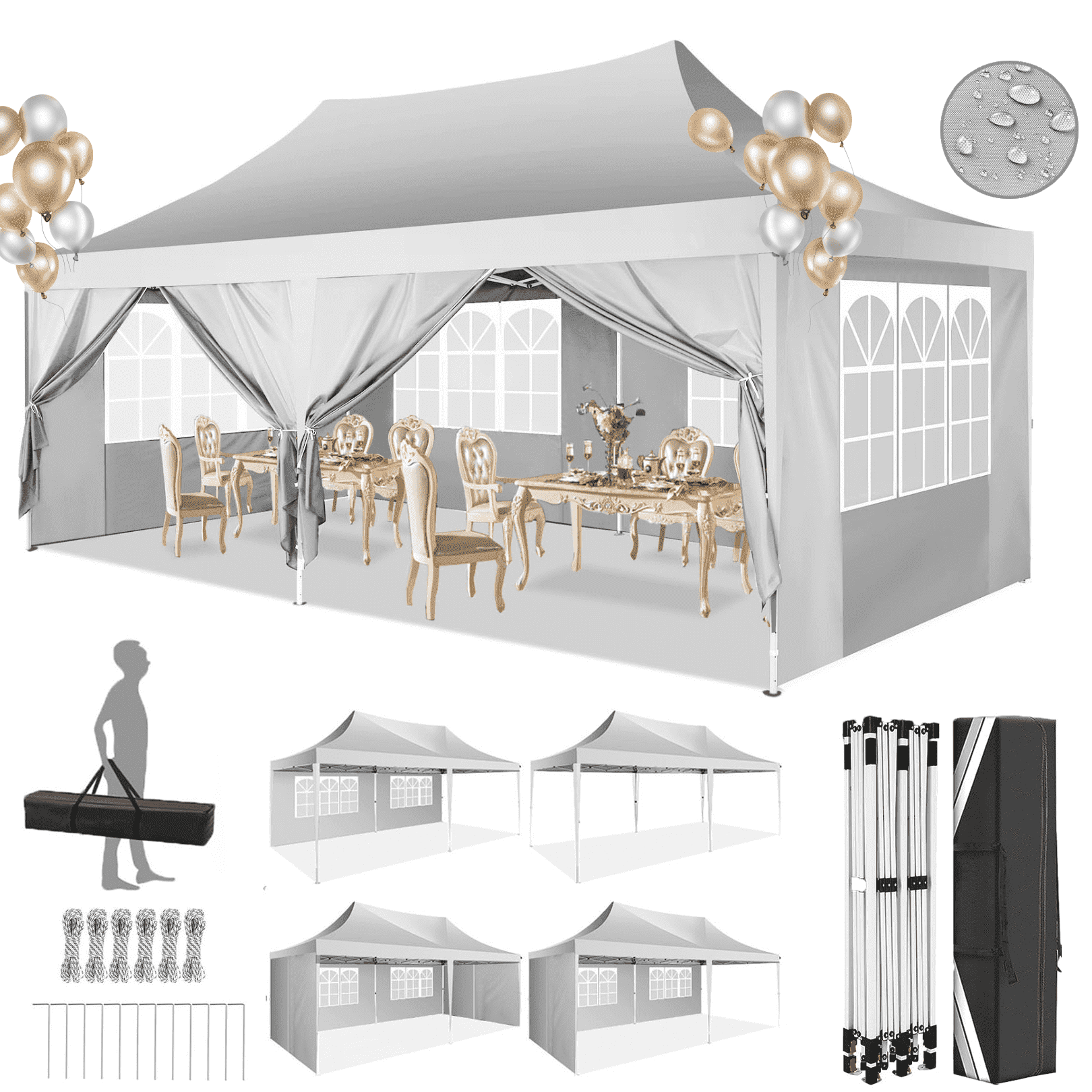 COBIZI 10x20 EZ Pop Up Canopy Tent for Party Outdoor Canopy with 6 Sidewalls Gazebo for Backyard Wedding Camping Events Waterproof & UV50+ Carry Bag,White(Frame Upgraded)