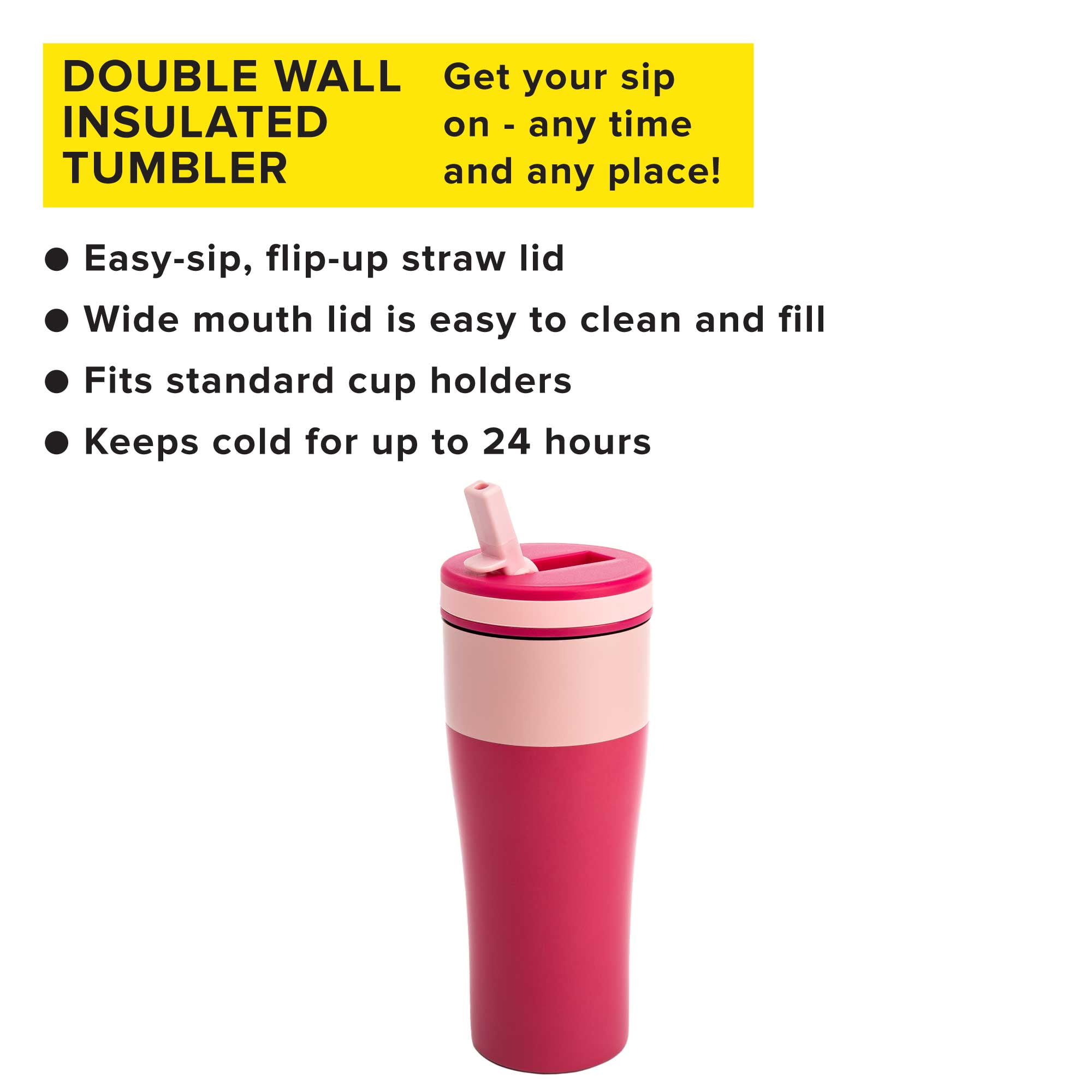Tasty Double Wall Stainless Steel Insulated Tumbler with Built-In Straw Lid,  20 Ounce, Pink/Dark Pink 