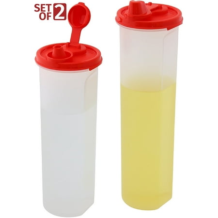 - Easy Pour Oil and Vinegar Bottle Set - Signoraware 2 Large Olive Oil Dispenser Bottles Liquid, Dressings Plastic Containers Airtight Leakproof Lids Non Drip Spout Wide mouth Easy Fill 2 set 30 & 37 oz