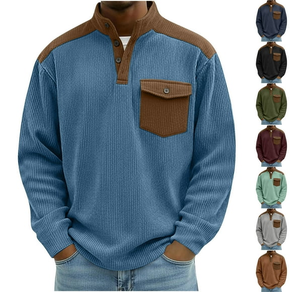 RKSTN Long Sleeve Polos Shirts for Men Oversized Quarter Button Turndown Collar Waffle Weave Corduroy Long Sleeve Golf Shirt Mens Casual Colorblock Half Button Lapel Regular Fits Comfy T Shirts Top