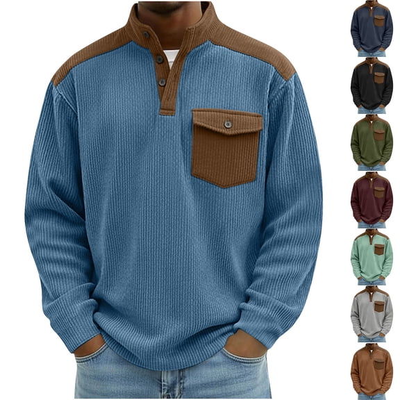 WAENQINLA Corduroy Shirts for Men Quarter Button Stand Collared Casual Pullover Tops Fashion Long Sleeve Spring Pullovers Navy S