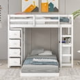 thumbnail image 2 of Twin over Twin Size Bunk Bed with Built-in Desk and 4 Storage Drawers, Solid Wood Bunk Bed Frame with Open Shelves and Full-length Guardrails, Space Saving Bunk Beds for Kids Boys Girls Bedroom, White, 2 of 7