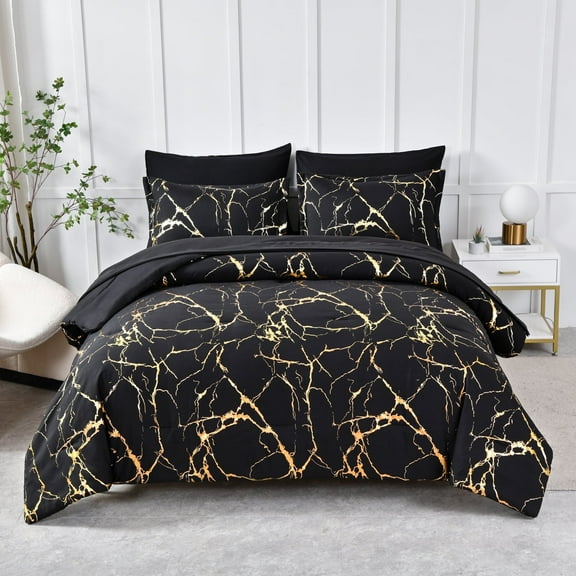 Davulos Gold Metallic Marble Comforter Set Queen Size,7 Piece Bed in a Bag Microfiber Complete Bedding Sets,Black