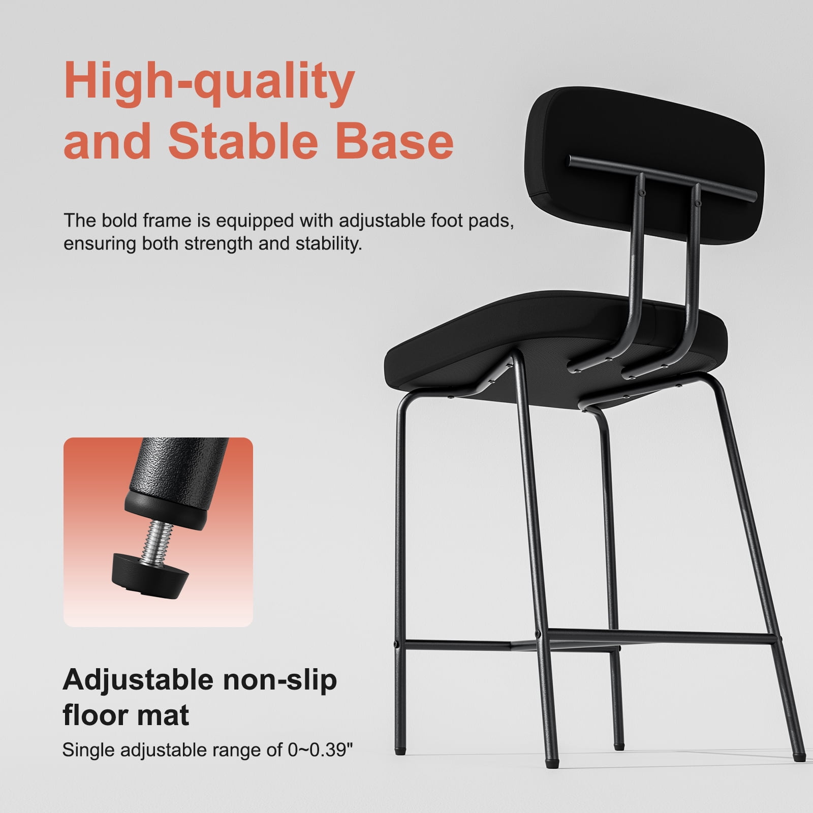 Genpo Counter Height Bar Stools Set of 3, 26" Black Fabric Kitchen Counter Stools with Backs, Metal Legs, Footrest and Wide Seat, Bar Chairs for Kitchen Island