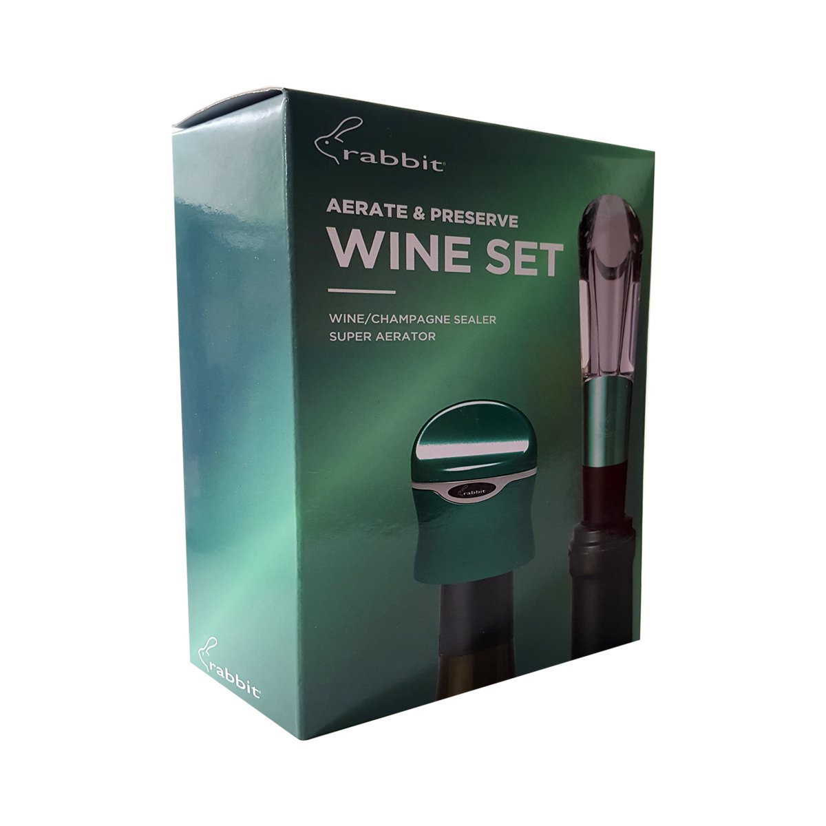 Rabbit Wine/Champagne Sealer and Aerator Set (Green)