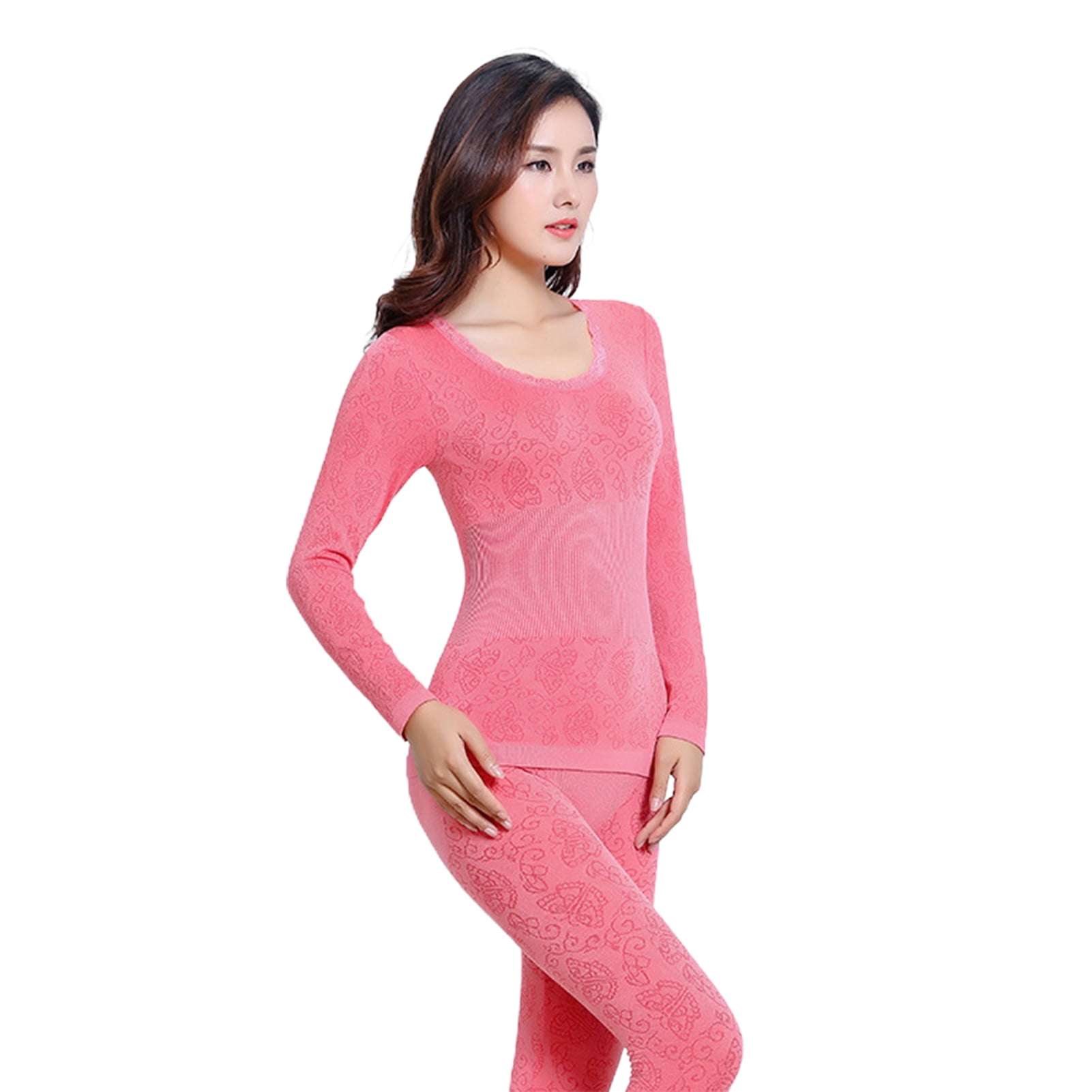 Medium-high Collar Thermal Underwear for Women Thickened Solid Colour  Cotton Jumper Set for Winter Autumn Warm (Color : Pink, Size : X-Large)
